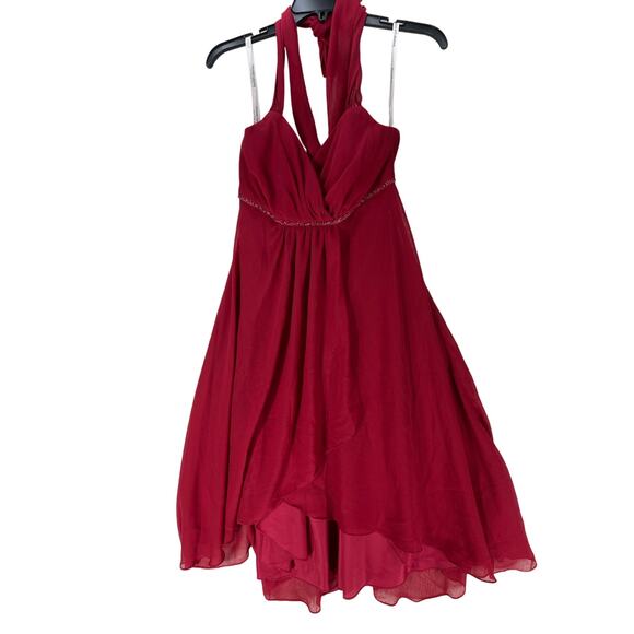 Davids Bridal Womens Dress Size 8 Red Chiffon Bridesmaid High Low A Line Halter - Picture 3 of 6